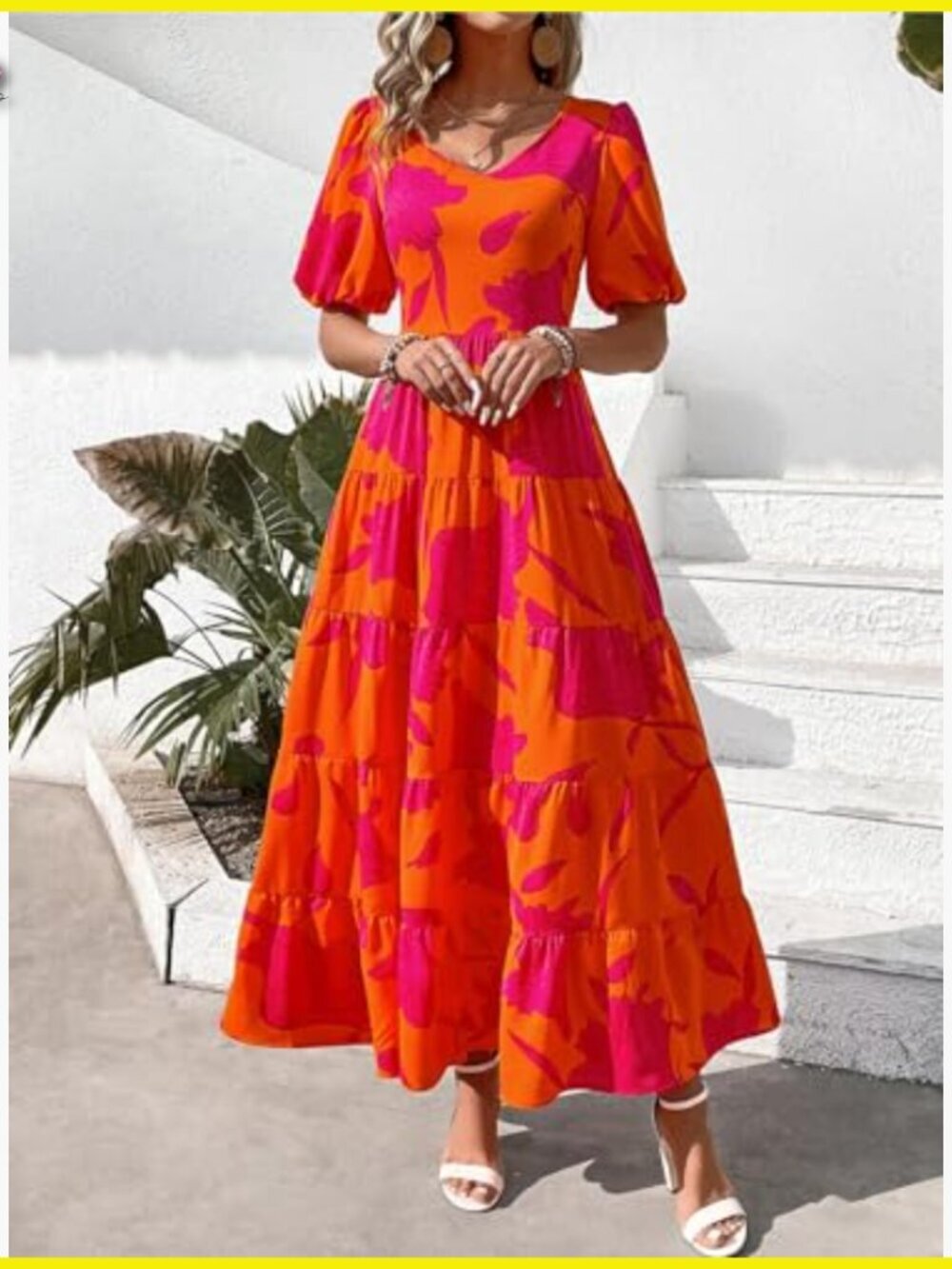 Floral Maxi Dress Puff Sleeve Tiered Hem Smocked Top Wedding Guest Elegant - Picture 3 of 7